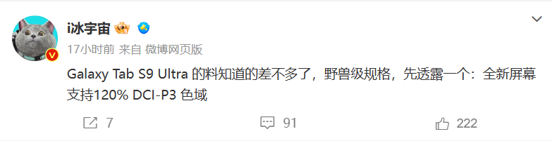 《三星Galaxy Tab S9 Ultra》平板电脑最新资讯：120% DCI-P3 色域屏